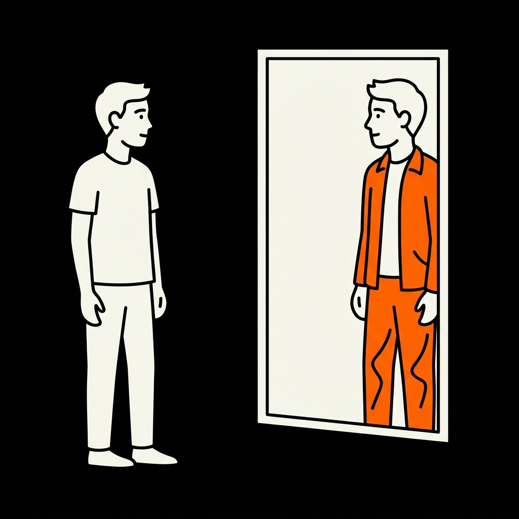 Customer standing in front of a mirror, with the mirror reflection showing the same customer wearing a different outfit